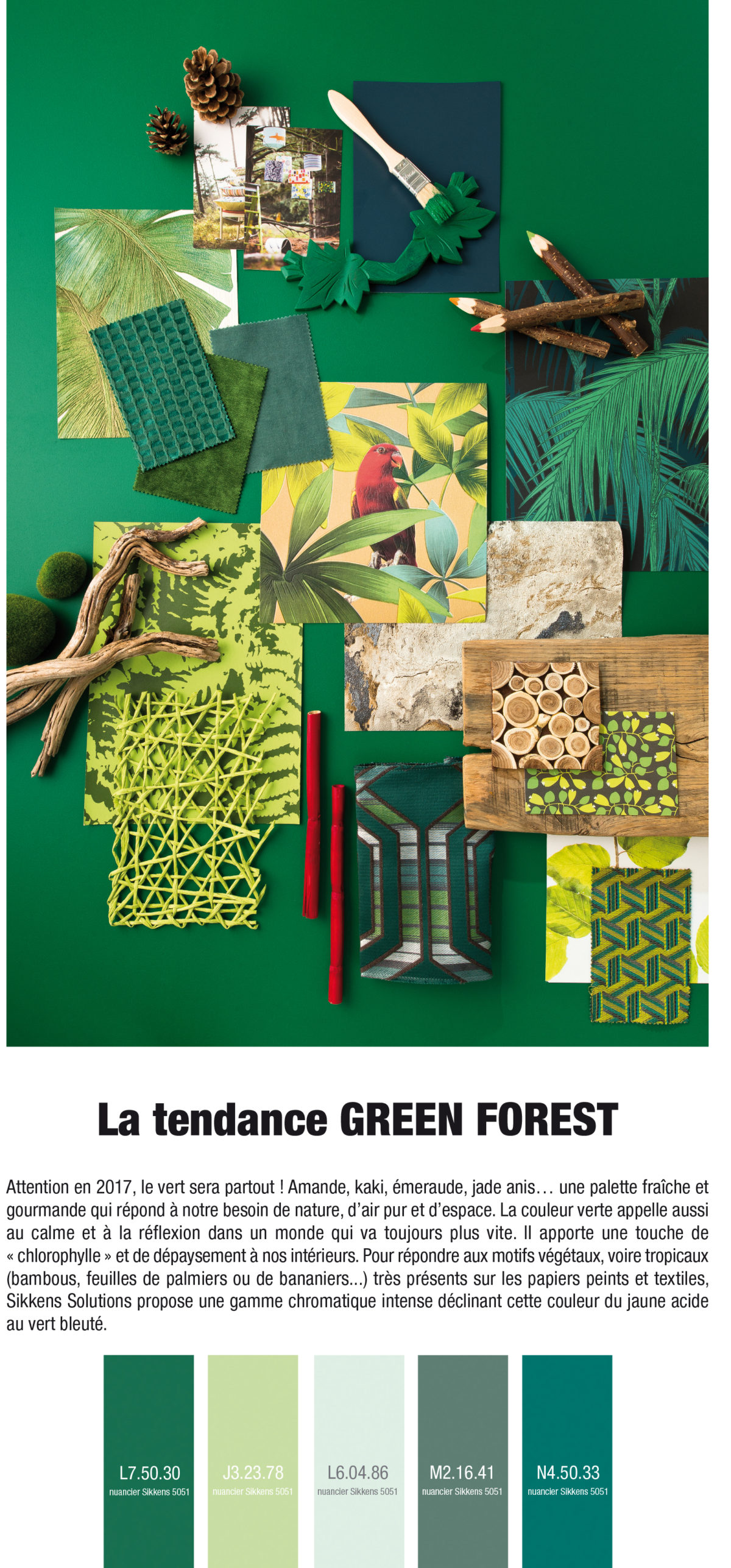 Pêle mêle de matériaux (papiers peints, tissus, peintures, bois...) exprimant la tendance décorative Green Forest