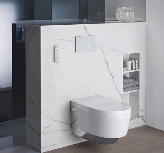 un WC lavant Geberit haut de gamme "trône" dans une salle de bains en marbre