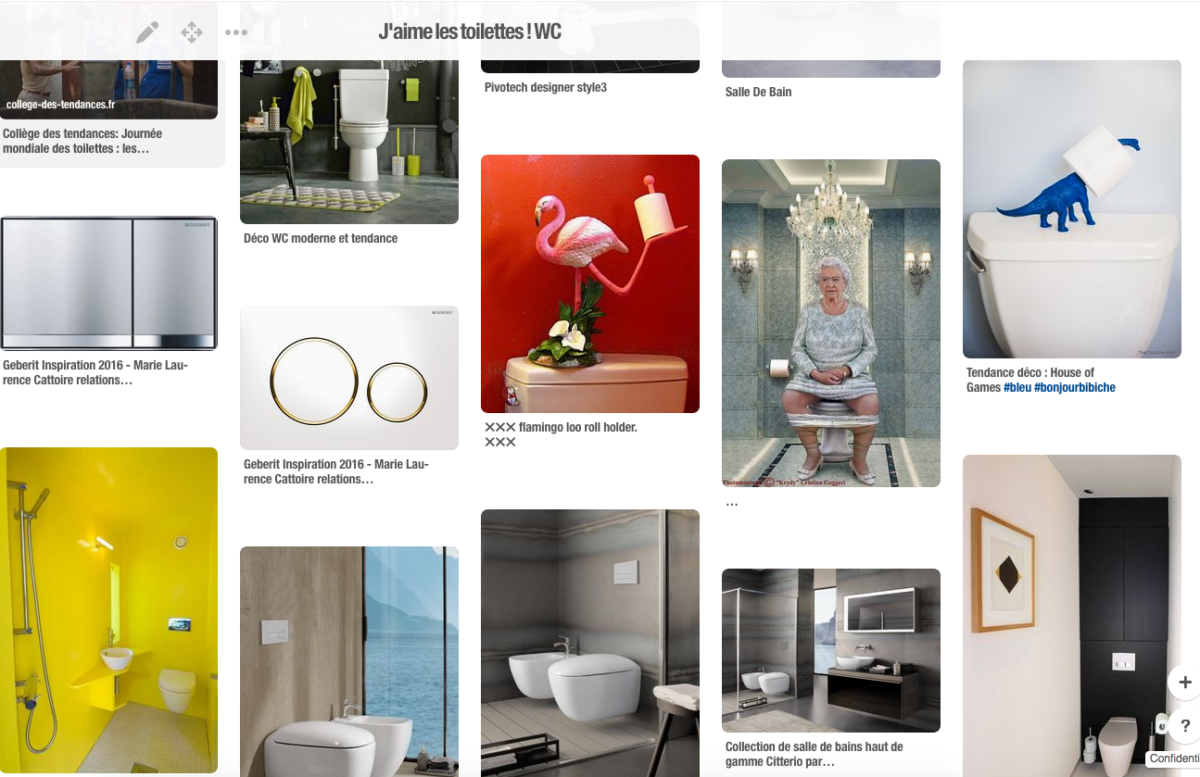 une capture d'écran d'un tableau Pinterest intitulé "l'aime les toilettes"