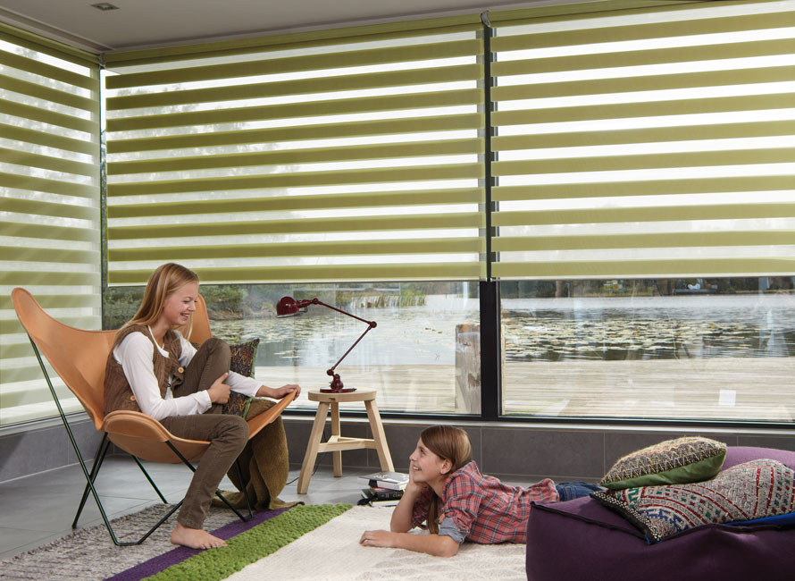 une maman et son jeune fils, dans le salon, entrain delire. 0 l'arrière de très beaux s-viles vénitiens Luxaflex verts viennent parfaire la décoration et portéger des rayons du soleil. Esprit Green Forest