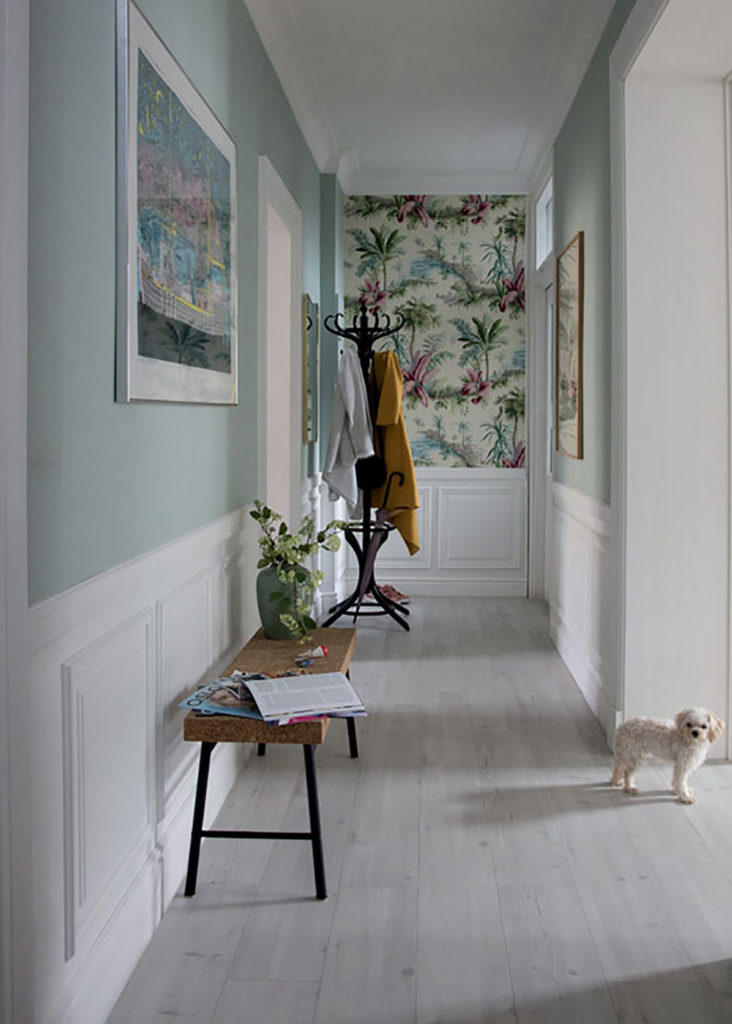 Le couloir d'une maison, joliment décoré d'un parquet gris au sol. Les murs sont peints en bleu céladon ou recouvert d'un papier peint fleuri. Un petit chien regarde l'objectif.