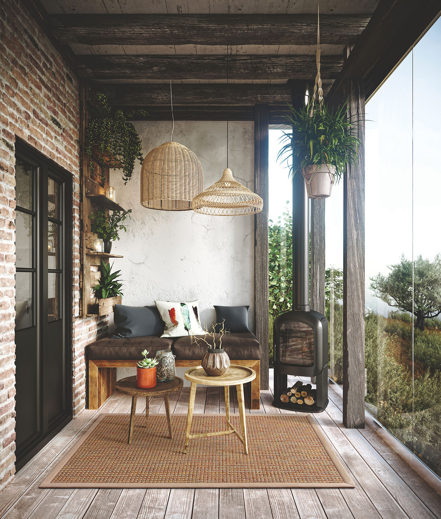 Voyage en Argentine : une petite terrasse est transformée en salon grâce à un joli tapis sur mesure UDIREV et un salon fait de meubles en bois récupérés