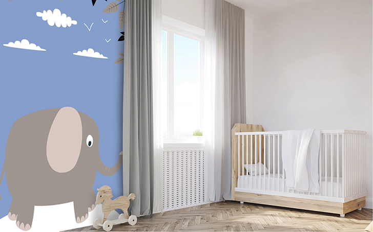 Dans une chambre d'enfants, un papier peint sur mesure avec un éléphant gris