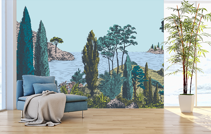 un papier peint sur mesure panoramique, représentant un paysage de pins et de mer