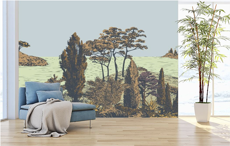 un papier peint sur mesure panoramique, représentant paysage de pins et de mer dans des tonalités retro