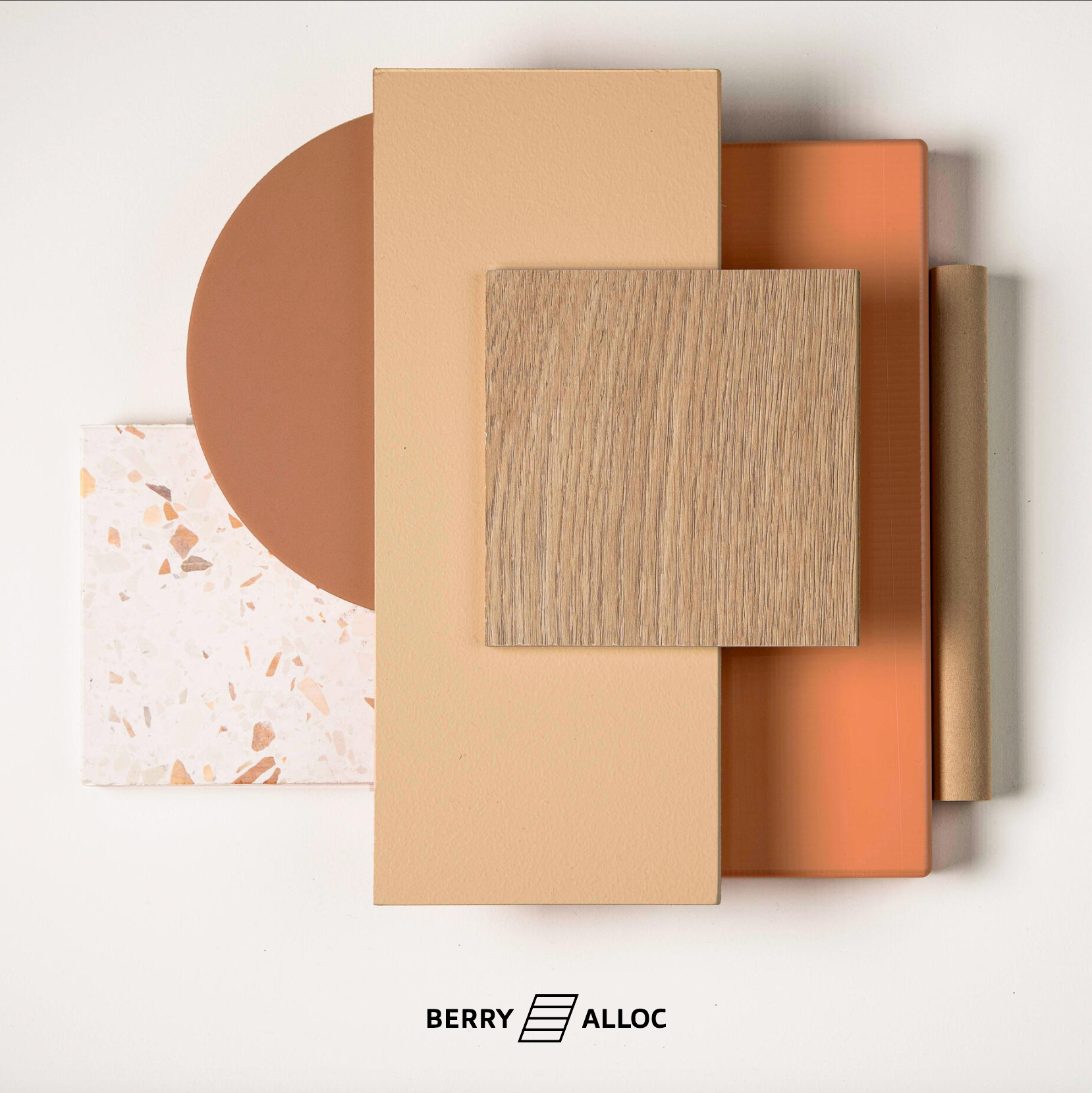 Moodboard, une planche d'inspiration proposée par BerryAlloc fabricant de parquets et sols bois stratifiés. Ici dans les tons chêne naturel, terracotta et terrazzo